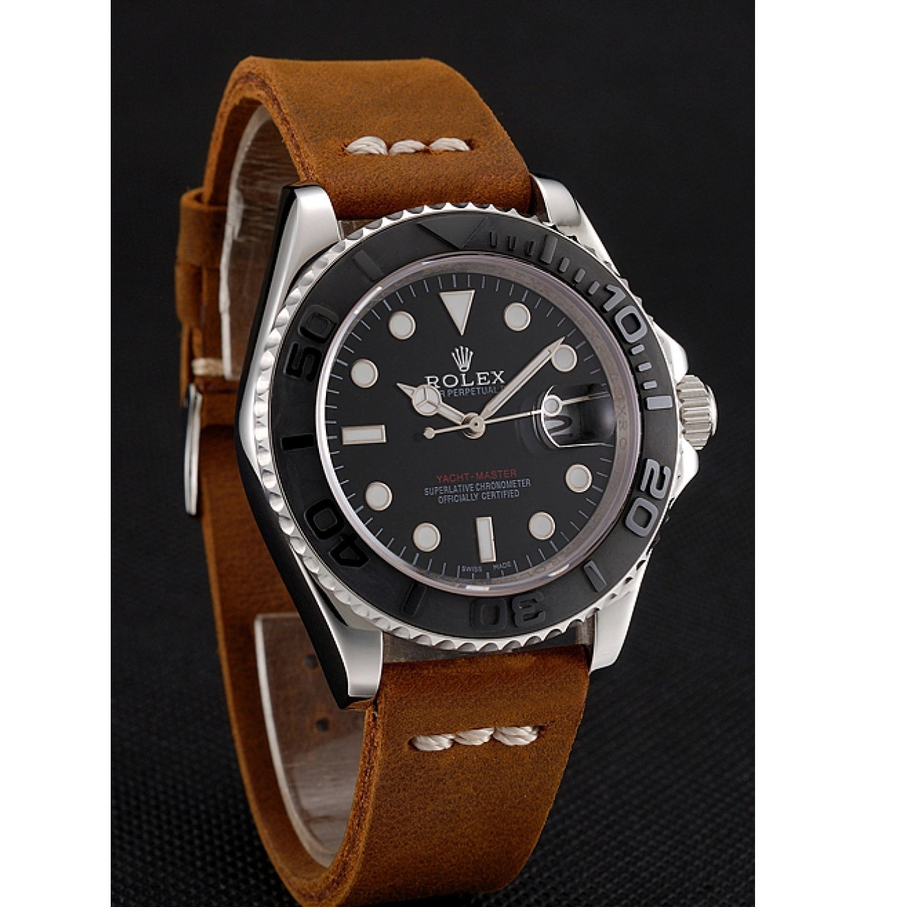 Aaa replica Black Dial Bracelet Rolex 1453859 Brown Silver Leather Yacht Master Case 0807